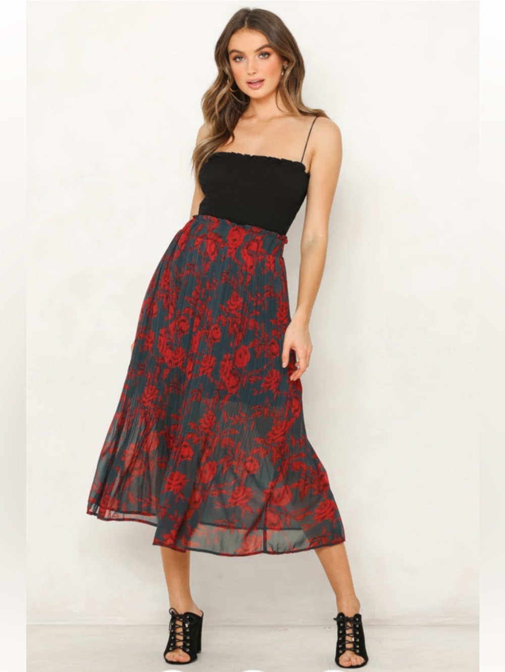 Indikah Accordian Pleat Floral Midi Skirt Small